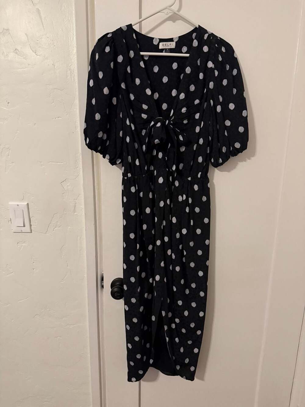Delfi Collective Polka Dot Midi Dress Size M Black White Tie Front